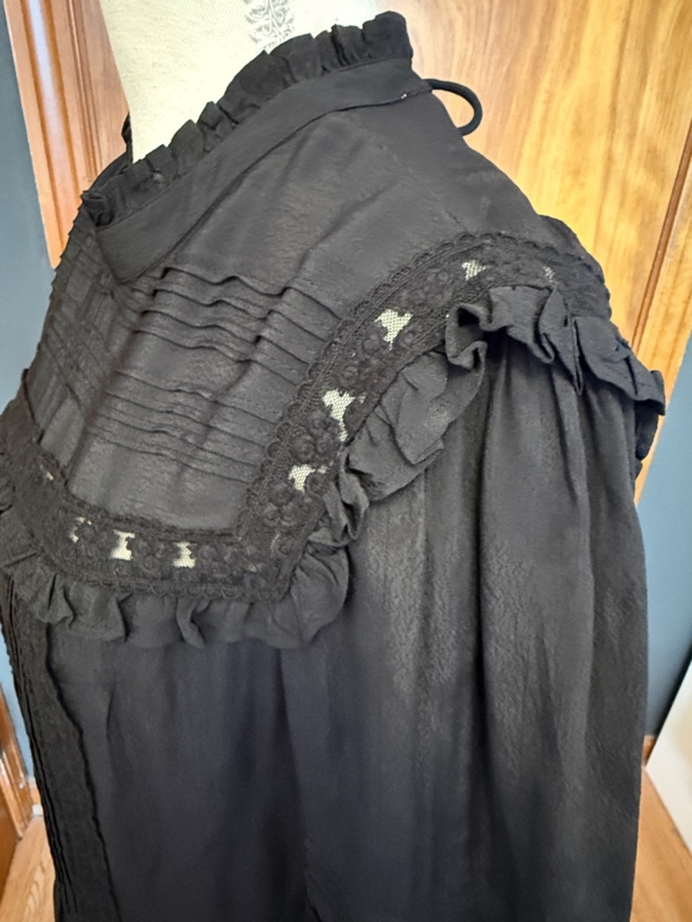 Topshop Black Long-Sleeve Lace Trim Pintuck Dress with zip up side. - Picture 8 of 12